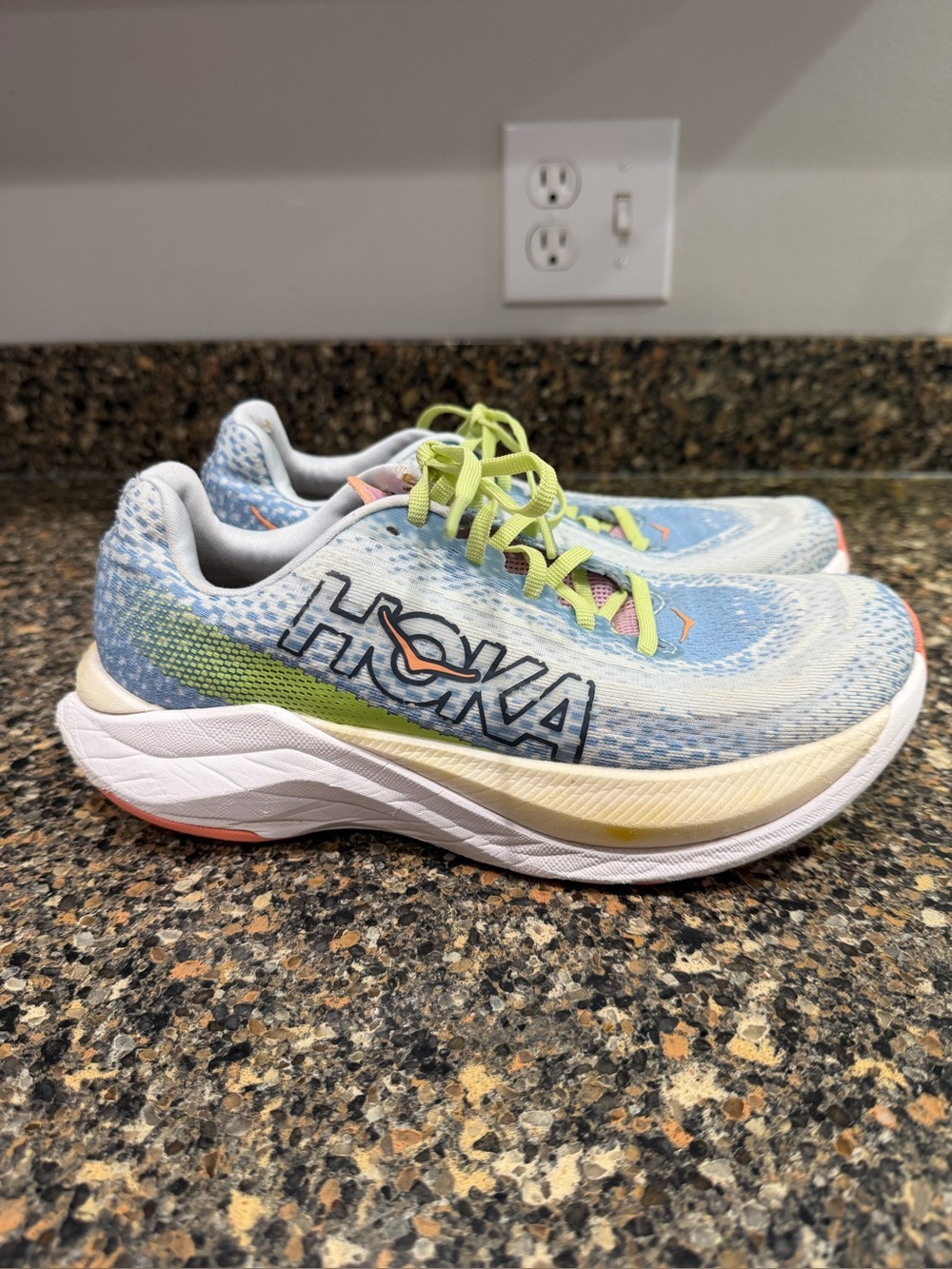 Hoka Light Blue and Lime Green Performance Running Shoes ladies 8